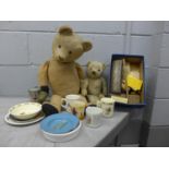 Two jointed teddy bears, a box of vintage playing cards, dominoes, draughts pieces and nursery china