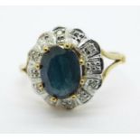 A 9ct gold sapphire and diamond cluster ring, 2.3g, R