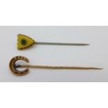 Two yellow metal stick pins, boxed