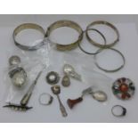 Silver jewellery, etc., including bangles, a Scottish brooch lacking stone and lockets, 160g