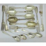 Four silver teaspoons, five silver forks and five silver dessert spoons