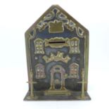 A Victorian, money box with inscription, brass mounted Sarah Thoiley, 30.1.62