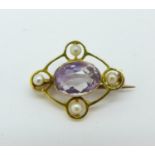 A small 9ct gold amethyst and pearl brooch, 1.4g