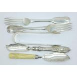 Two silver forks, two silver bladed butter knives and a pair of silver sugar bows, all 19th Century,