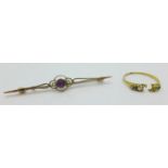 A 9ct gold brooch, 2.1g, and a yellow metal ring, ring 1.8g a/f