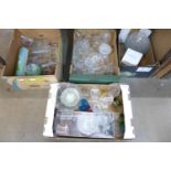 Four boxes of mixed glass including two sets of hunting shot glasses, vases, bowls, fruit set, etc.