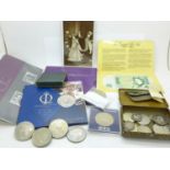 Two 1951 Festival of Britain crowns (one boxed), five £5 coins (two in presentation sleeves),