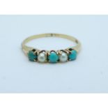 A yellow metal, turquoise and pearl ring, 1.3g, L