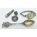 A silver wristwatch, a Victorian silver locket, a silver and enamel Nottingham Spartan football