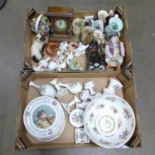 Two boxes of mixed decorative china, clock, Aynsley, Coalport ming Rose, six Royal Doulton Christmas