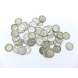 Approximately sixty Pre 1920 silver 3d coins, some Victorian, 83g