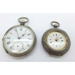Two silver cased fob watches, one with decorative dial