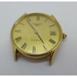 A 9ct gold Longines wristwatch head with long service inscription to case back, 24.4g gross