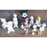 Disney figures, Mickey and Minnie mouse, Winnie The Pooh, Goofy, etc., and four glass clowns