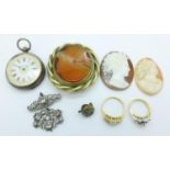 A silver fob watch, dress rings, agate brooch, etc.