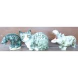 A large model of a Winstanley cat, a studio pottery model of a hippopotamus and hyeana, hyeana a/
