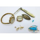 A lady's gold plated wristwatch, Victorian brooch and other jewellery