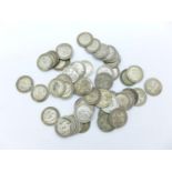 Approximately fifty Pre 1920 silver 3d coins, 74g