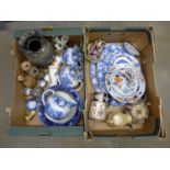 Two boxes of blue and white, ironstone and other pottery and china, etc.