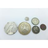 A 1901 New Orleans mint $1 coin, and an 1897 quarter dollar, etc.