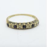 A 9ct gold sapphire and diamond half eternity ring, 1.3g, N