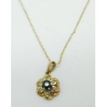 A 9ct gold and sapphire pendant and chain, 1.9g