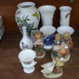 Two Portmeririon vases, three Goebel figures, a/f, four Wedgewood vases and a Coalport vase