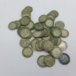 Approximately sixty Pre 1947 silver coins, 84g