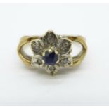 A 9ct gold sapphire and diamond ring, 2.9g, L