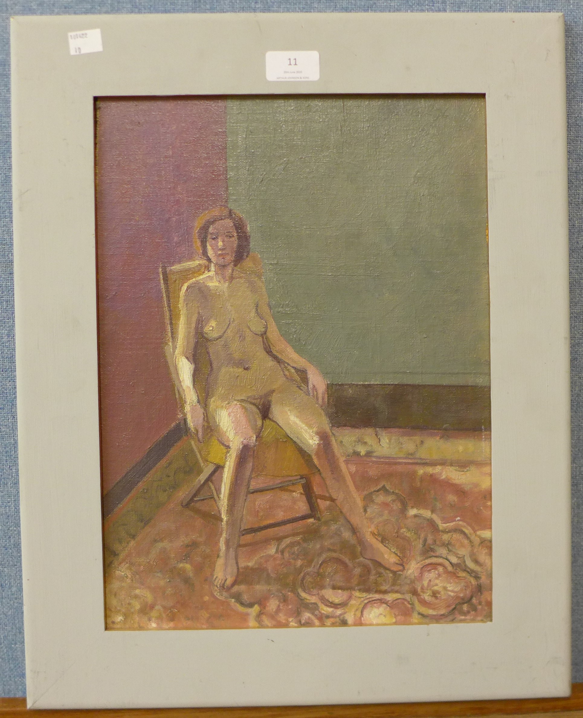 British Modernist School, portrait of a female nude, oil on canvas, indistinctly signed, 38 x 28cms, - Image 4 of 6