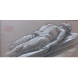 John Hall, reclining male nude, pastel, 23 x 48cms, framed