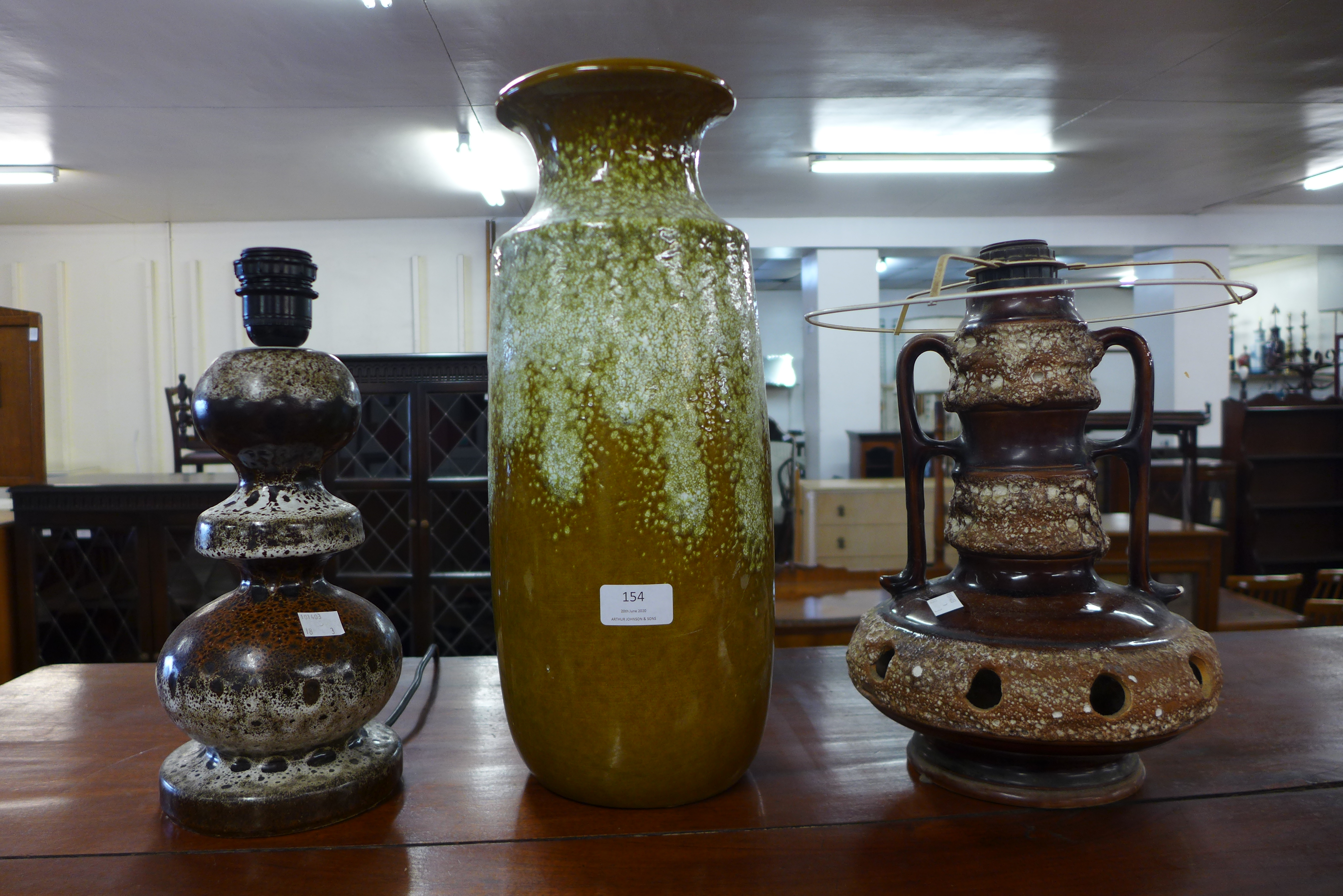 Two West German table lamps and a vase