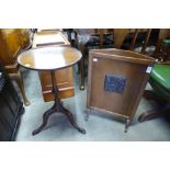 A mahogany tripod wine table and an oak firescreen