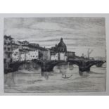 Guido Colucci (1877-1949), signed lithograph, Italian river scene with a bridge, 22 x 30cms