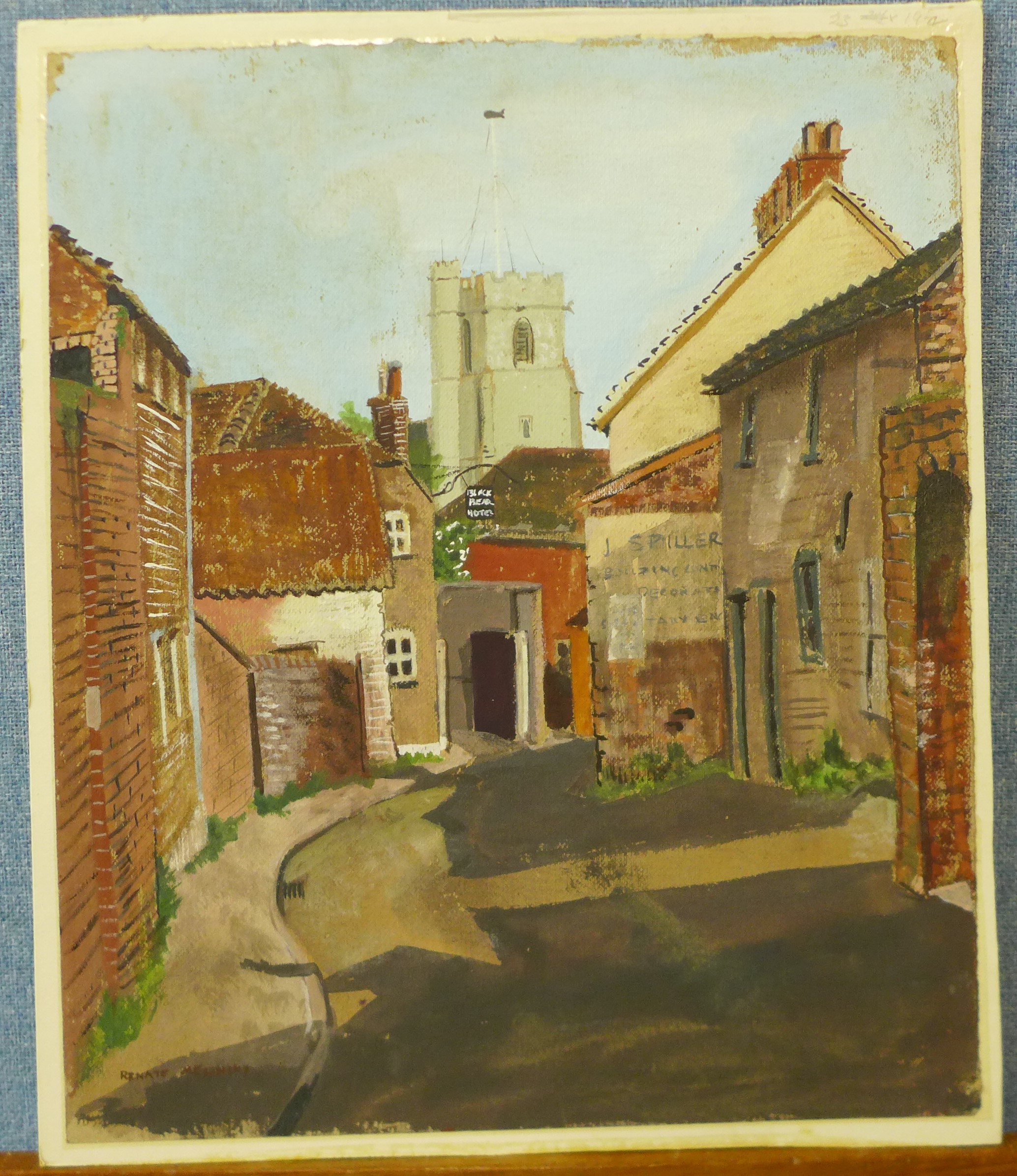 Renate Melinsky, Norfolk village scene, gouache on paper, 42 x 35cms, unframed - Image 3 of 3