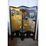 A Japanese painted four panel folding dressing screen