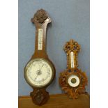 An early 20th Century Black Forest carved walnut aneroid barometer and another beech aneroid