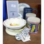 Assorted pottery including a Lladro goose, boxed and a Coalport John Lennon plate and dish, etc.