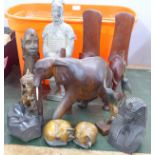 African, Chinese, Egyptian and Indian carvings and tourist souvenirs including a terracotta warrior