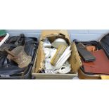 A Bakelite telephone, two suitcases and a box of mixed household items including pottery, military