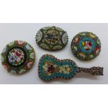 Four micro mosaic brooches, one marked Venezia