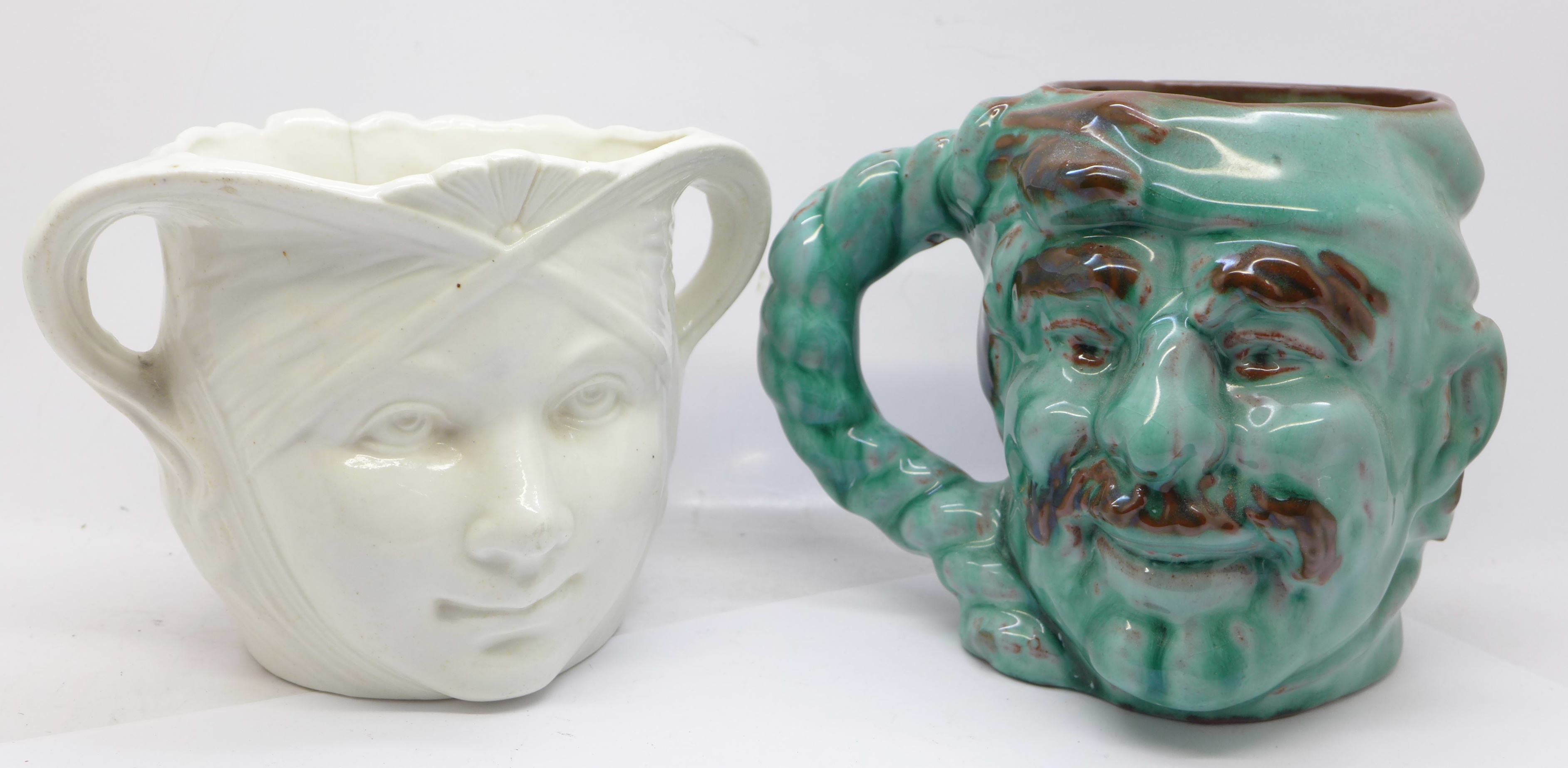 An Art Nouveau planter, a/f and a Guernsey Pottery mug, incised mark to base