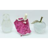 A Royal Doulton figure, Kirsty, a glass apple and pear