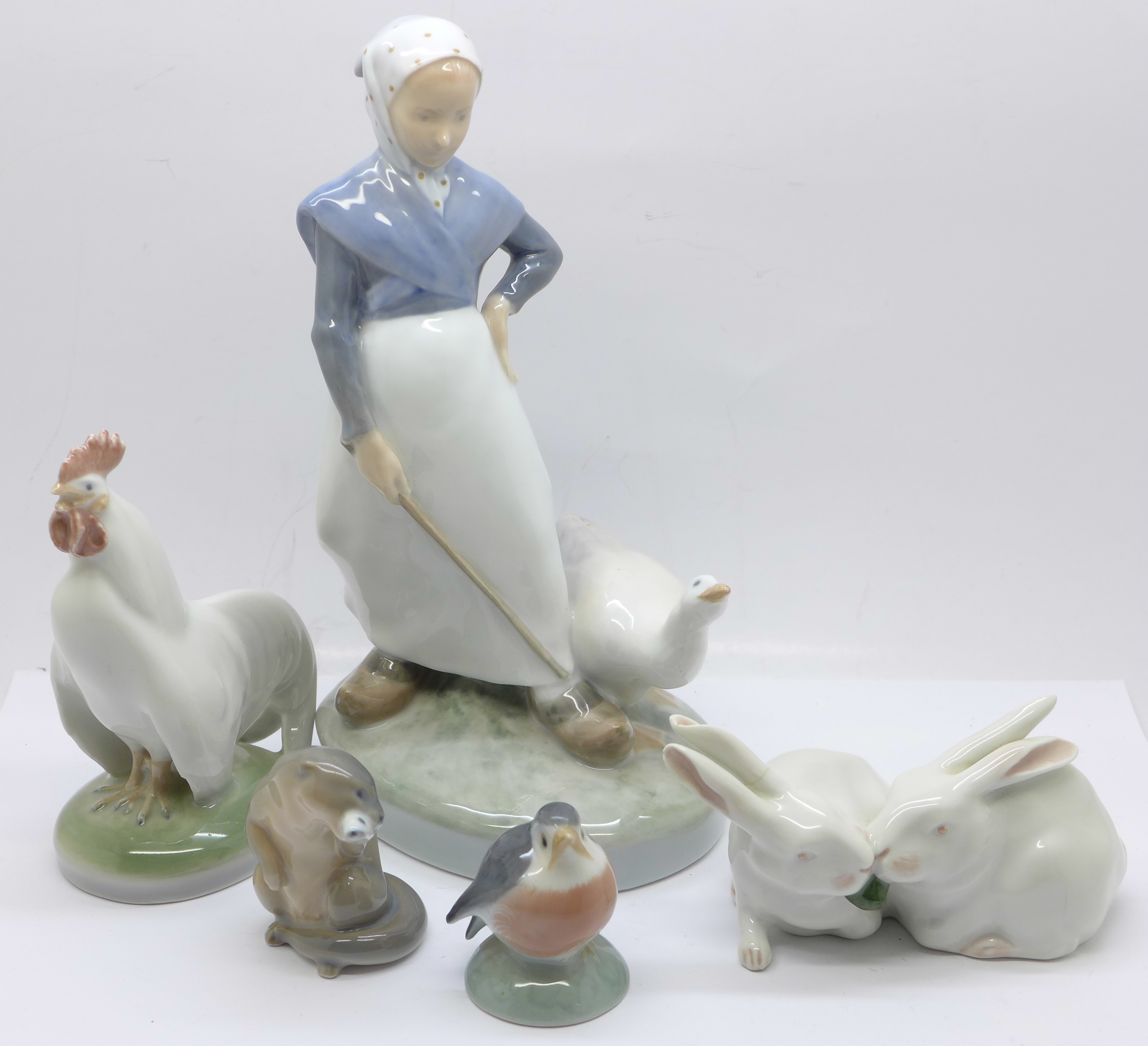 Royal Copenhagen figurines, Otter 2333, Robin 2238, Rabbits 578, a/f, Cockerel 1126 and Girl with