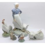 Royal Copenhagen figurines, Otter 2333, Robin 2238, Rabbits 578, a/f, Cockerel 1126 and Girl with