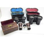 Three pairs of opera glasses, one lens a/f, all cased