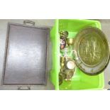 Metalware and a wooden tray