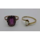 A 9ct gold, silver and purple stone ring and a 9ct gold and pearl ring, 2.5g, L and K