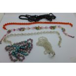 Two jet bead necklaces and vintage glass necklaces