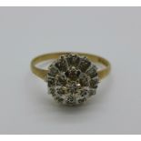 A 9ct gold and diamond cluster ring, 2.2g, N